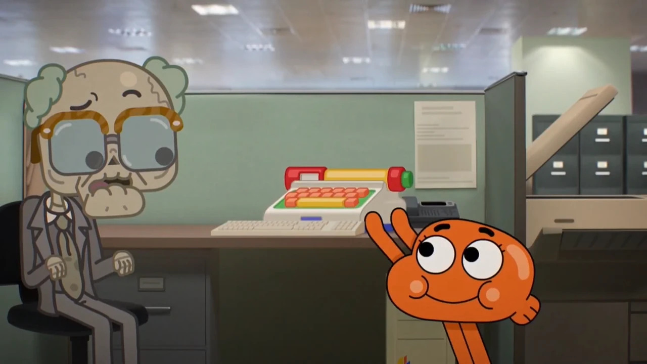 Escena del episodio "La Red" de El Increíble Mundo de Gumball. Darwin reemplazando la computadora de un esqueleto por un juguete.