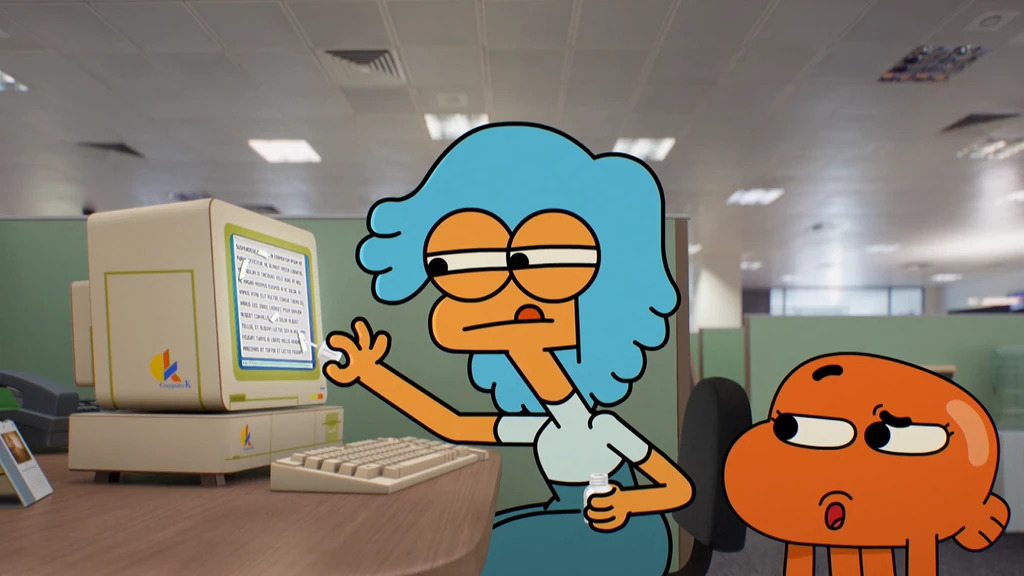 Escena del episodio "La Red" de El Increíble Mundo de Gumball. Un personaje aplicando corrector a una pantalla.