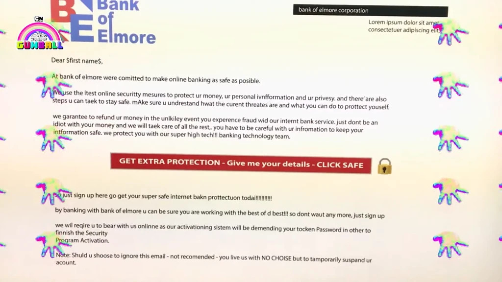 Escena del episodio "La Red" de El Increíble Mundo de Gumball. Un correo de phishing.