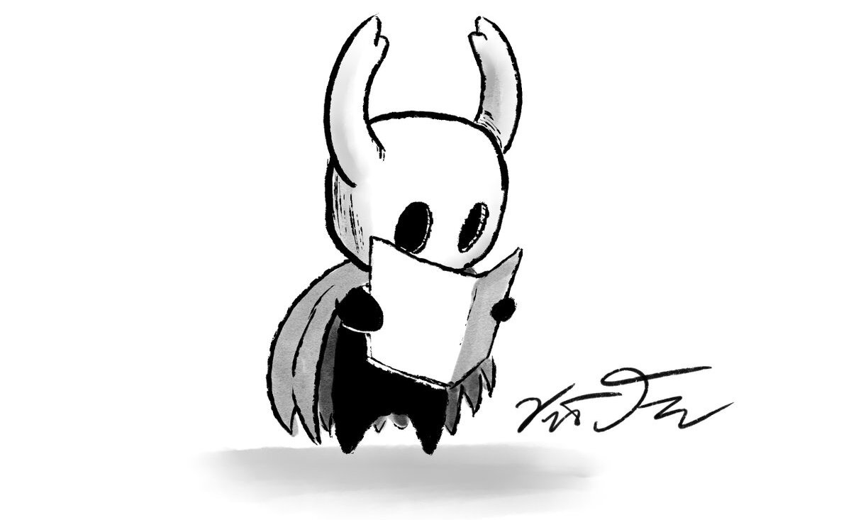 Caballerito de Hollow Knight leyendo un papel. Fan-art de @1upkid en X.com.